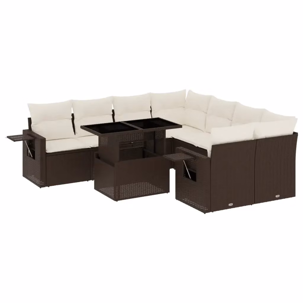 Set di divani da giardino vidaXL a forma di L composto da 9 pezzi con cuscini marroni e bianchi in polyrattan e struttura in metallo – 2