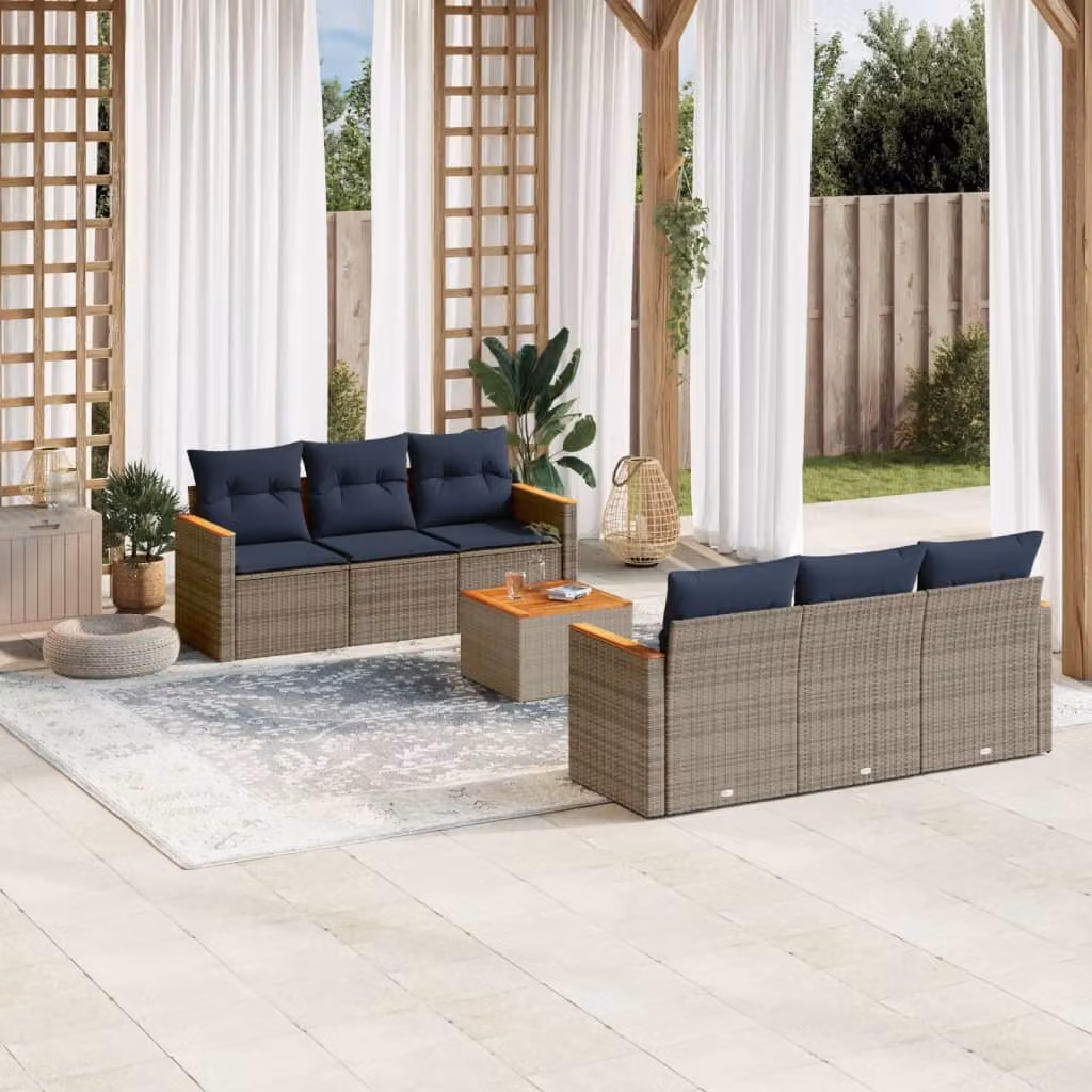 Set da giardino vidaXL composto da 7 pezzi con divani a L, tavolino e cuscini in polyrattan grigio e blu con struttura in acciaio e imbottitura rimovibile