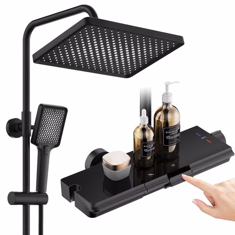 Sistema doccia con termostato, ripiano in vetro 30x20 cm, doccia a pioggia, colore nero