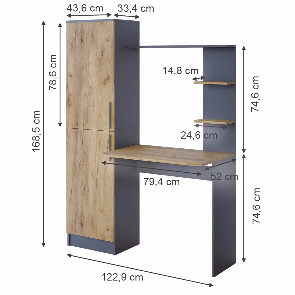 Scrivania con ripiani Vicco Antracite e Rovere dorato L: 122.9 cm, P: 52 cm, H: 76.5 cm – 2