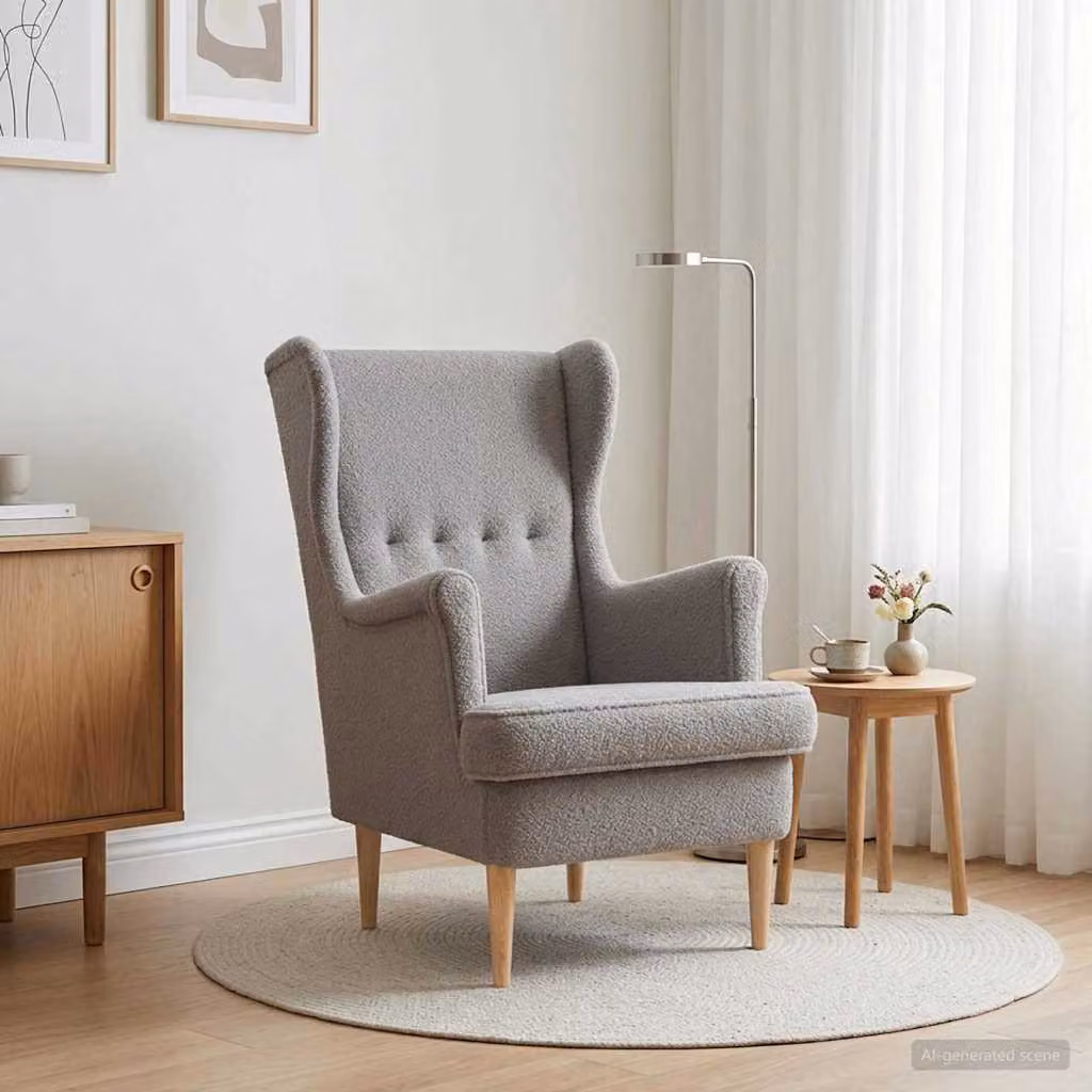 Poltrona moderna vidaXL in tessuto bouclé grigio con braccioli e struttura in legno e metallo