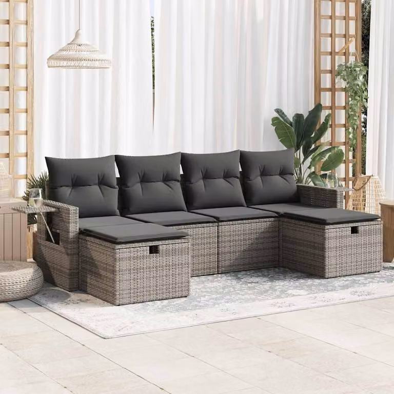 Set Divano da Giardino vidaXL 6 pz in Polyrattan Grigio con Cuscini e Struttura in Metallo