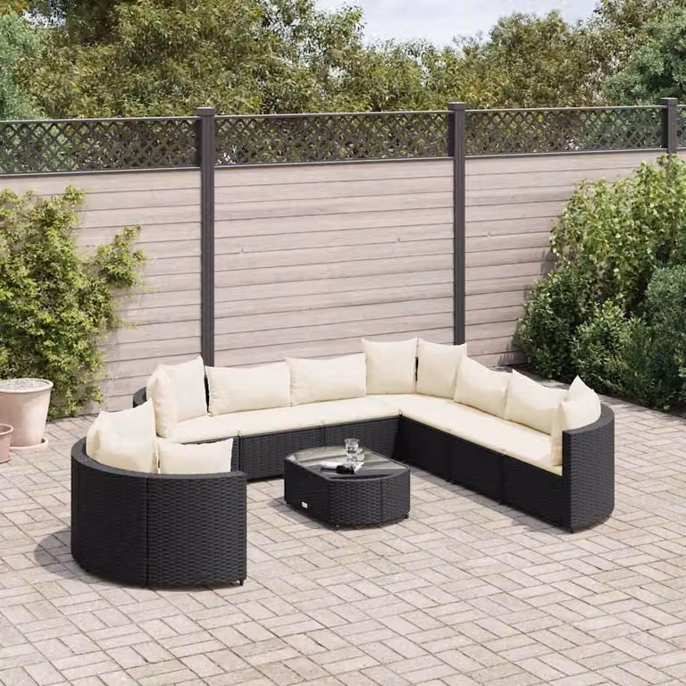Set di divani da giardino vidaXL a forma di U con tavolino da esterno e cuscini, struttura in metallo e rattan nero e bianco