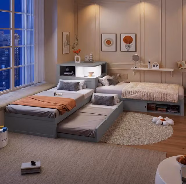 Letto singolo ULEVR 90x200 cm a L con letto estraibile, vani con ante scorrevoli e luce LED, grigio