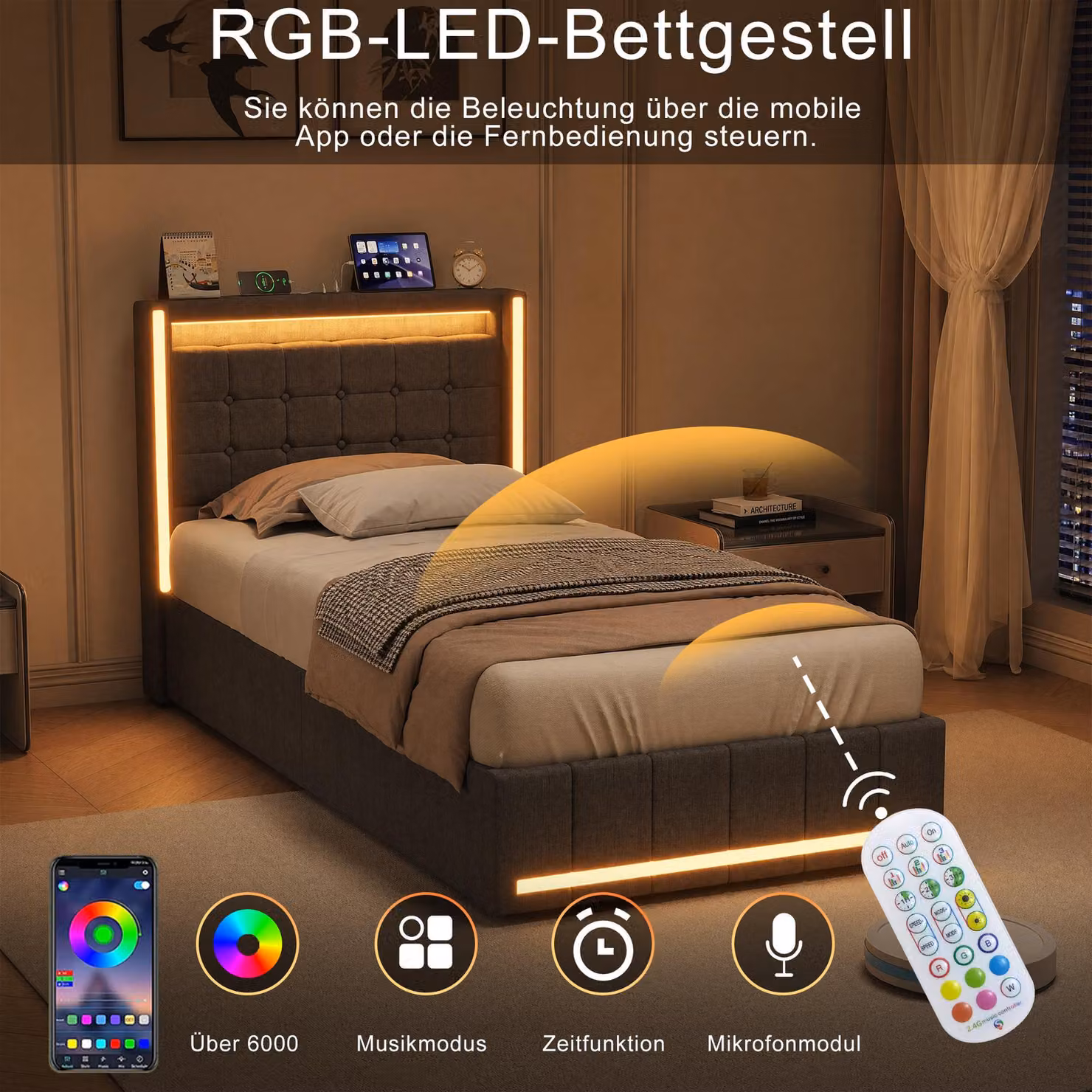 Letto imbottito UnboxG 90x200 cm, grigio – Letto singolo in tessuto di lino con testiera LED, porta USB e porta Type-C, 2 cassetti e rete a doghe