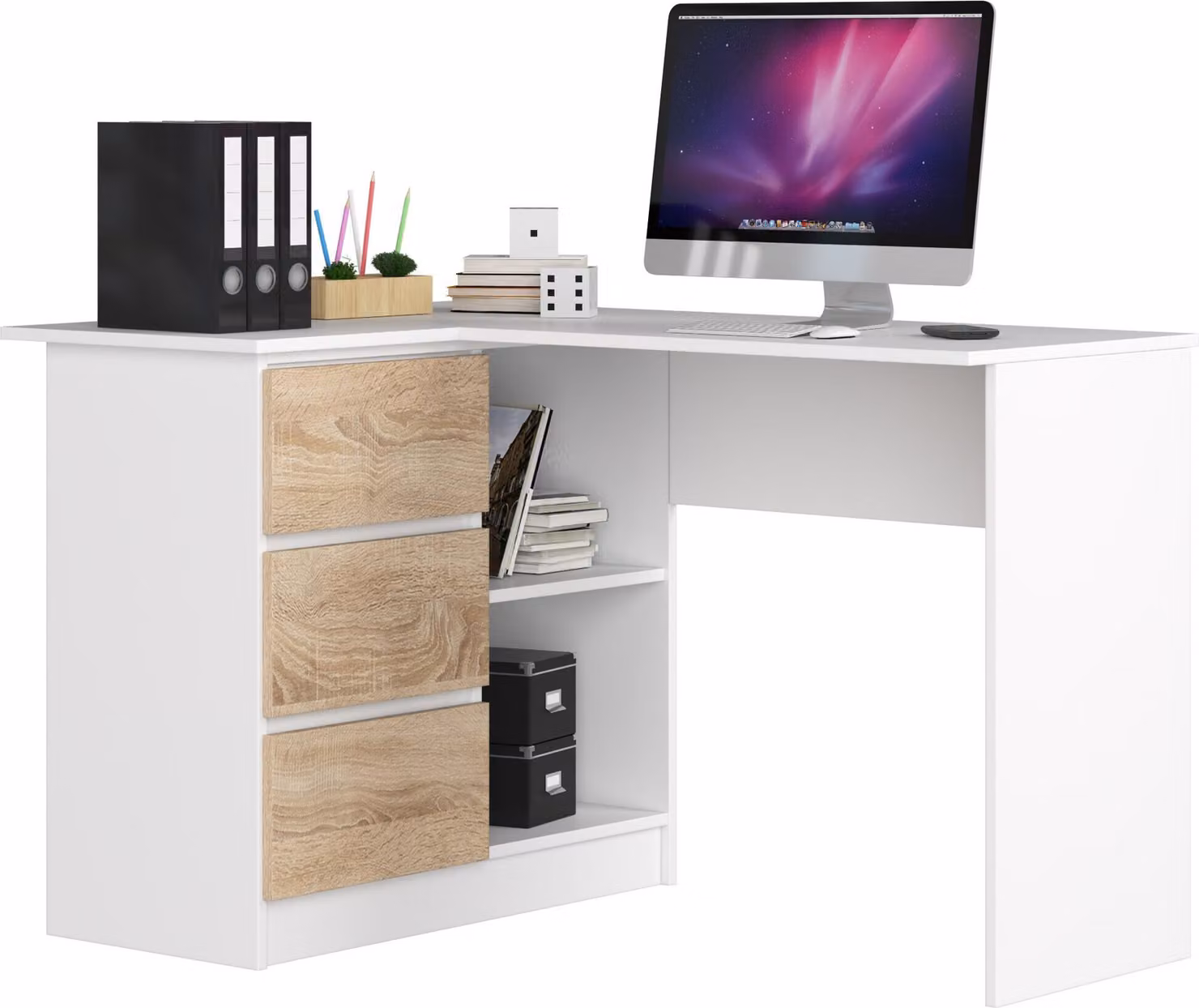 Akord Scrivania Angolare 3 Cassetti Lato Sinistro Bianco/Sonoma 124X85X77 Cm