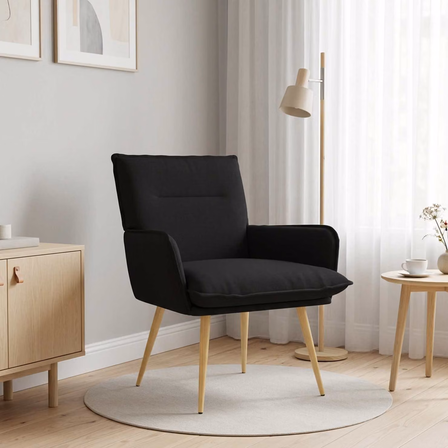 Poltrona lounge moderna vidaXL in tessuto nero con struttura in metallo e braccioli