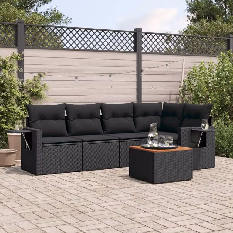 vidaXL Set Divano da Giardino a L 6 pz in Polyrattan Nero con Cuscini e Tavolino