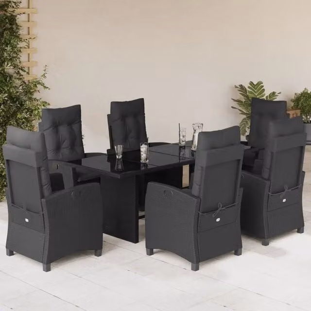 Set da Pranzo da Giardino 7 pz Nero con Cuscini in Polyrattan 3212683