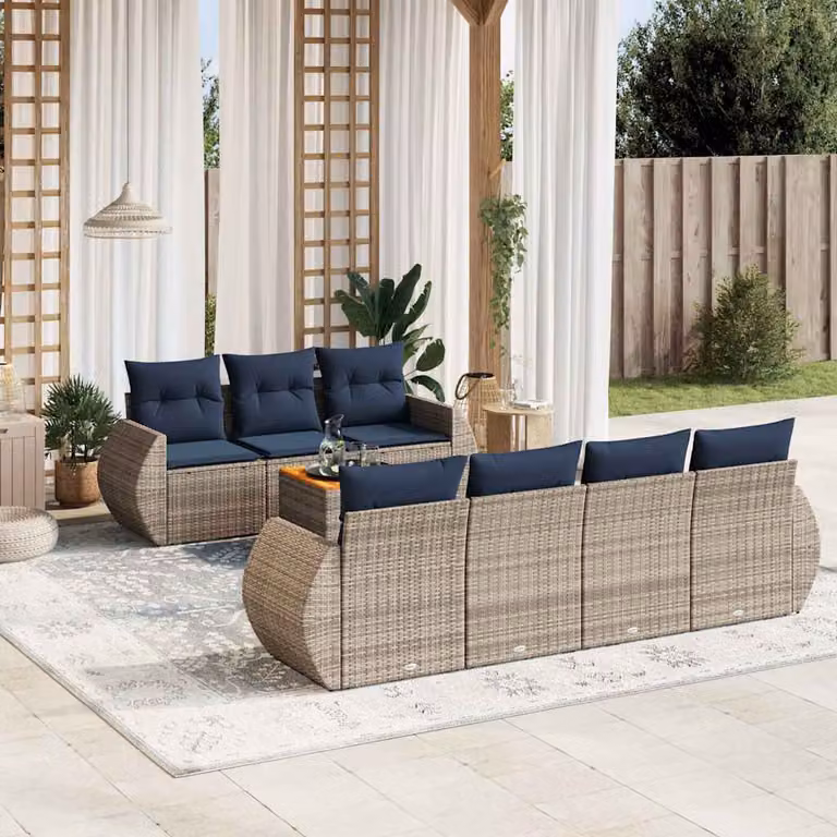 Set da giardino vidaXL in polyrattan grigio con cuscini, divani a forma di U e tavolino da esterno