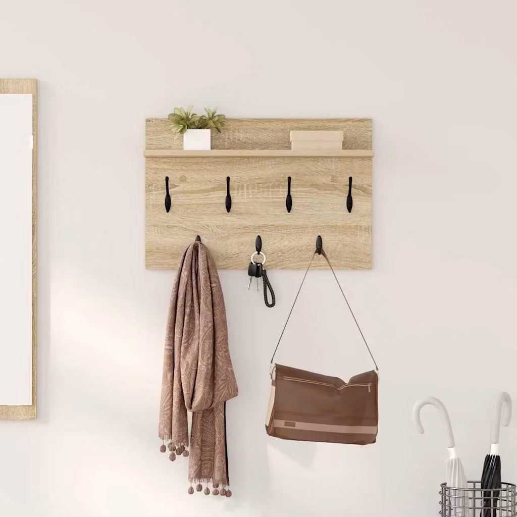Appendiabiti a muro vidaXL in legno MDF marrone con ganci distribuiti L 60 cm, P 40 cm, H 12 cm