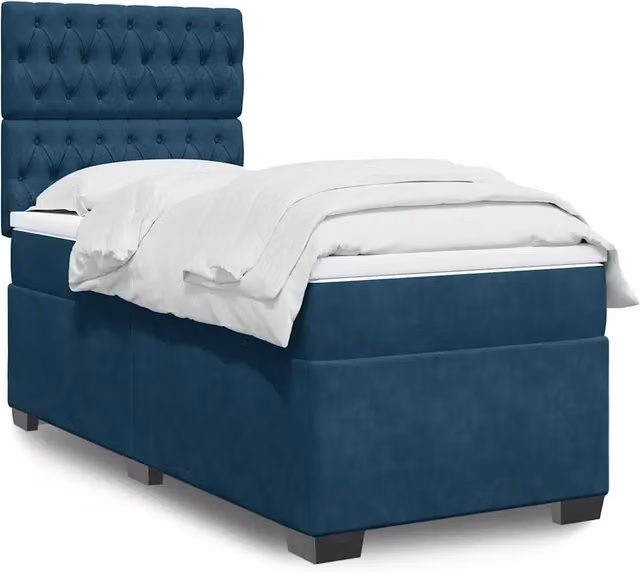 Letto moderno vidaXL con struttura in velluto blu e bianco, materasso ibrido e illuminazione sottostante, L/P/H: 90 x 200 x 150,5 cm