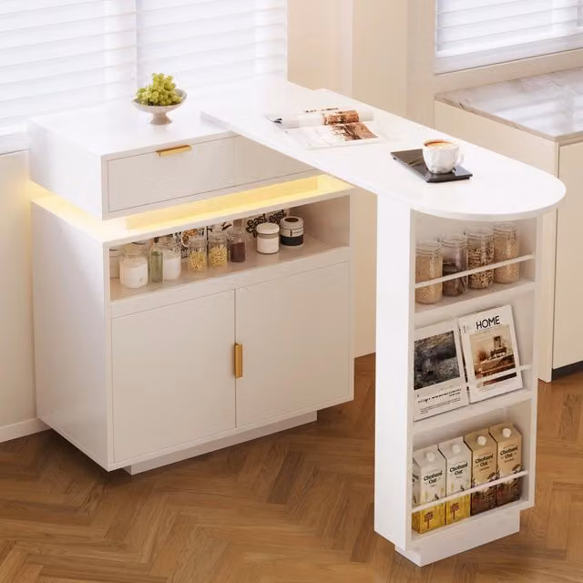 Isola cucina estensibile con piano girevole, MDF bianco, 115-183 x 40 x 99,5 cm, LED e contenitore
