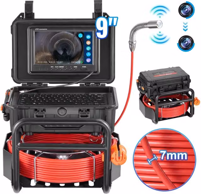 Telecamera per Ispezione Fognature 50 m WP9612FT HD 1080P Schermo 228,6 mm Autolivellante con Trasmettitore 512 Hz e 12 LED