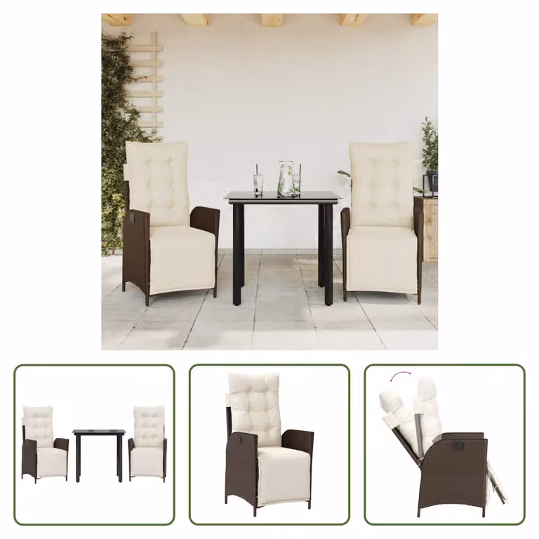 The Living Store Set da pranzo da giardino in 3 pezzi con cuscini in poly rattan marrone