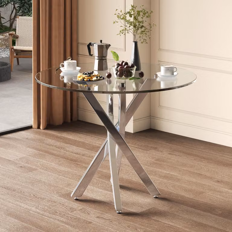 Tavolo da pranzo rotondo Sweiko, piano in vetro temperato 80x80x75, tavolo da pranzo moderno, gambe del tavolo zincate, tavolo da caffè/tempo libero, tavolo da pranzo semplice moderno, argento