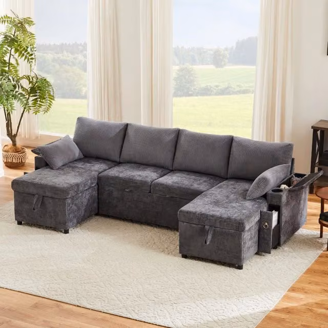 Divano ad angolo convertibile 4 sedili 272 x 131 x 84 cm; U - shape; dormire; tronco; portabicchieri; cuscini; ciniglia; grigio