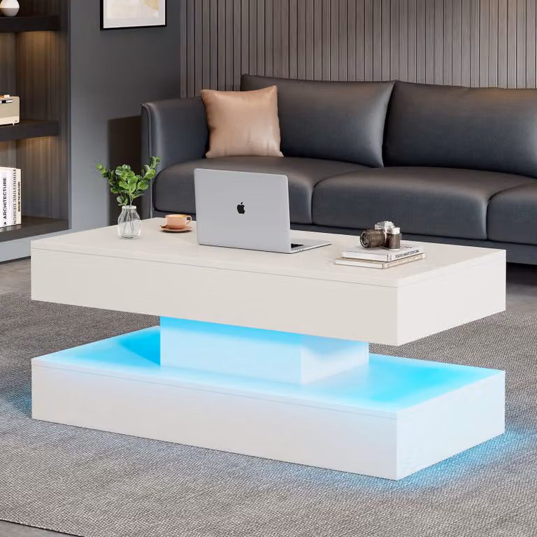 Tavolino STILVORA 100x50x42 cm lucido Tavolino ad alzata idraulica con vano portaoggetti nascosto, tavolo da soggiorno con illuminazione a LED, bianco