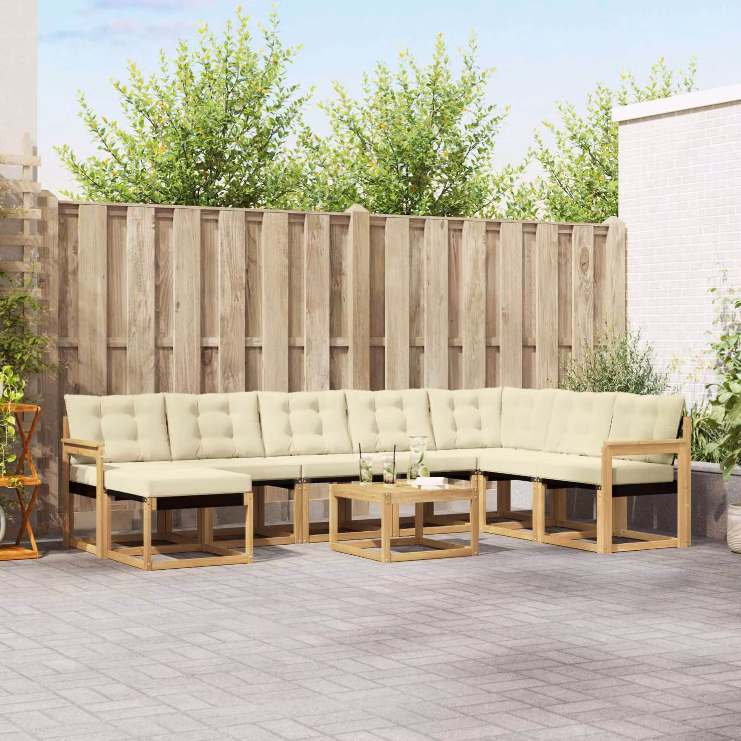 Set di divani da esterno vidaXL 9 pz in legno di acacia con cuscini Bianco, Beige e Marrone