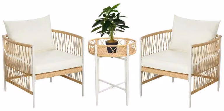 Set da bistrot in rattan – 2 sedie e tavolo | Colore: giallo, crema e bianco | Dimensioni: 66x72x64 cm