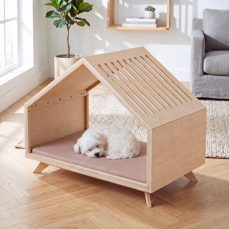 Cuccia per animali domestici HWC-Q65, adatta a cani e gatti, realizzata in legno con dimensioni 80x100x60 cm, finitura naturale, cuscino beige