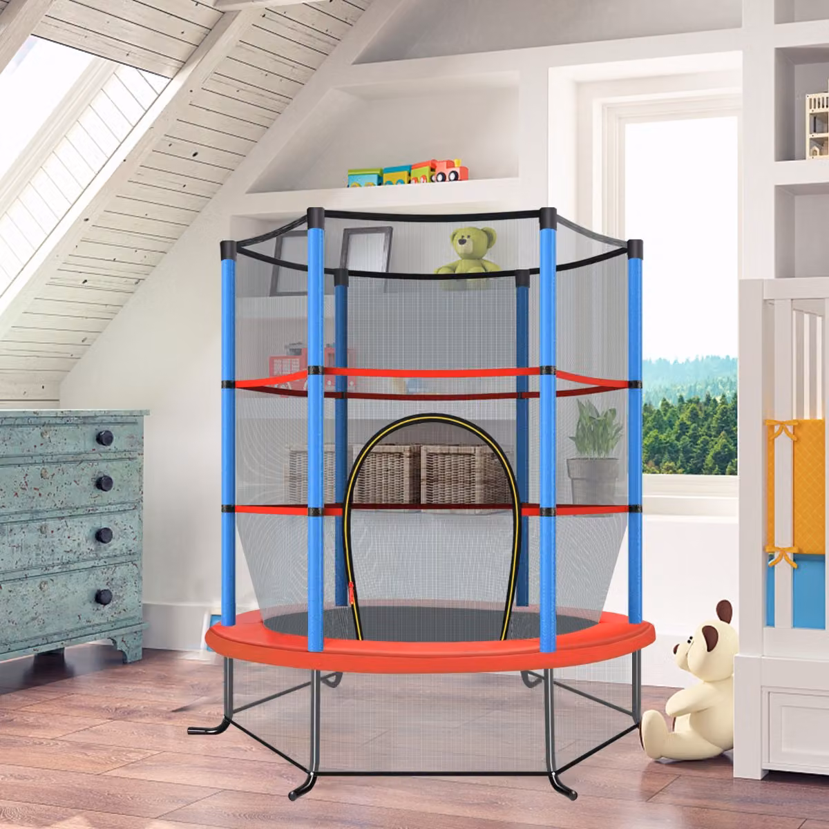 Tappeto elastico per bambini Costway con rete di sicurezza in acciaio e struttura blu