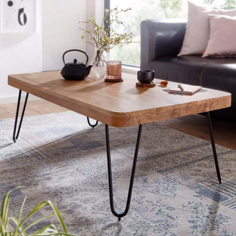 FineBuy Tavolino da caffè in legno massiccio di acacia 115 cm - Tavolo da salotto rettangolare dal design industriale con gambe in metallo a forcina - Fatto a mano