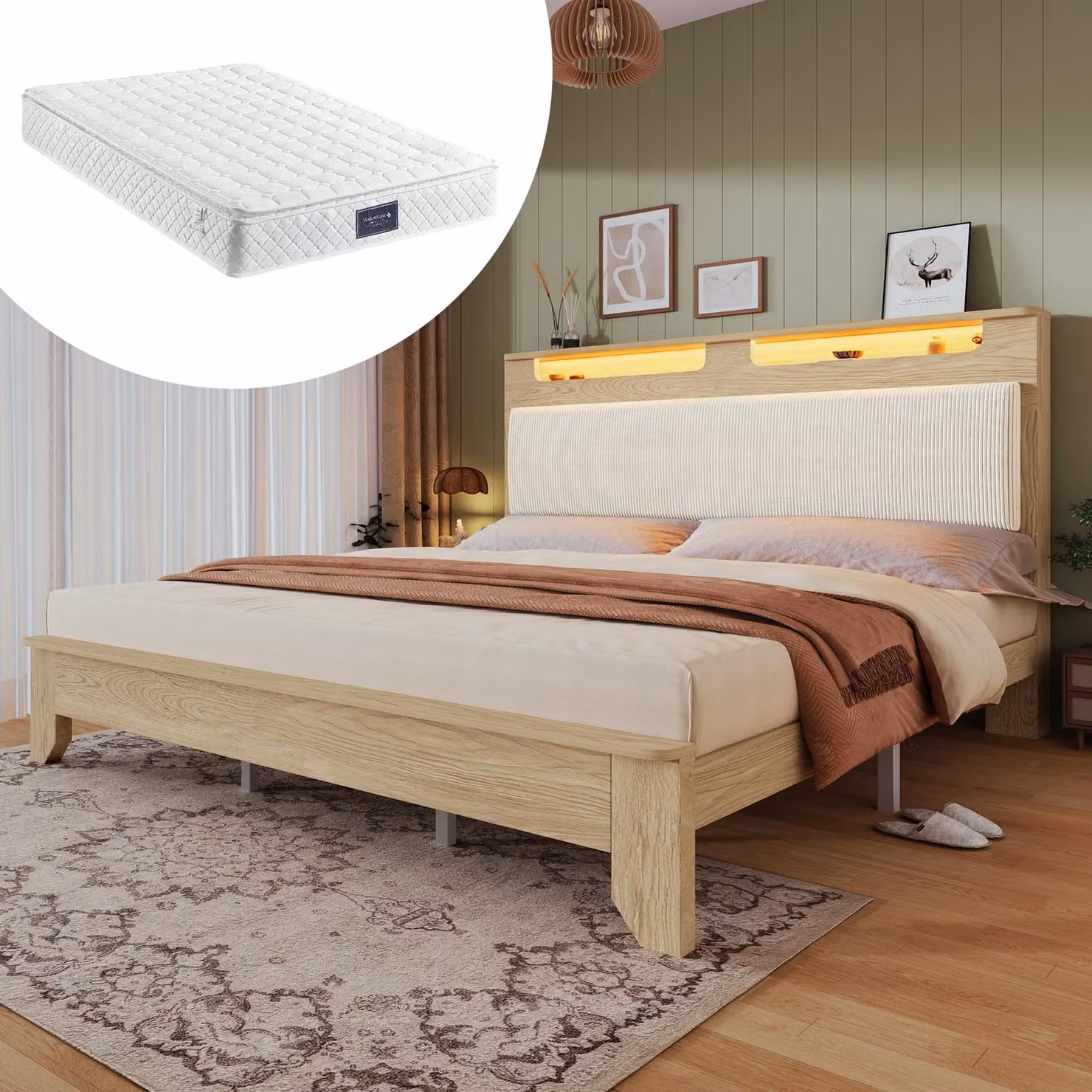Letto matrimoniale STILVORA 140×200 con materasso&testiera contenitore, letto in legno con schienale imbottito LED&corda, letto per ragazzi con doghe in legno, senza panca, rovere chiaro