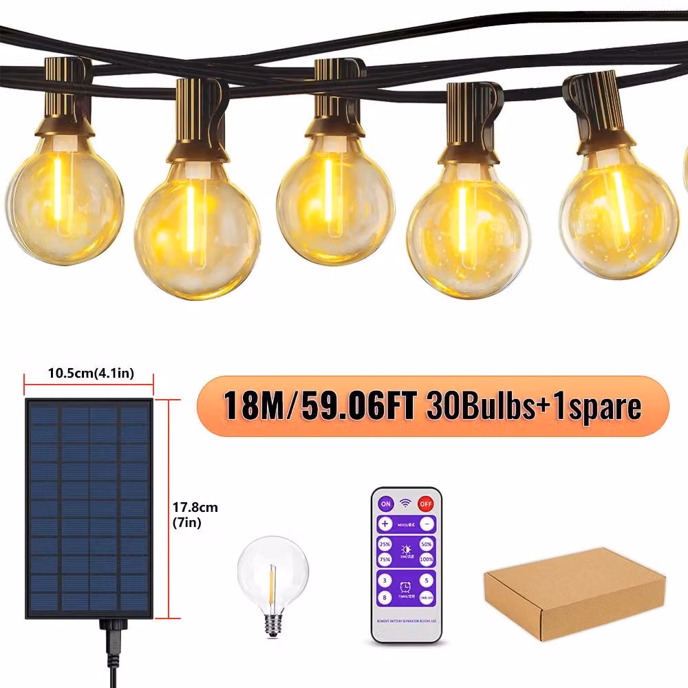Catena luminosa LED solare G40 - 18 metri, 31 luci - Luce bianco caldo - Telecomando - 8 modalità di illuminazione - Regolabile in intensità - Grado di protezione IP44