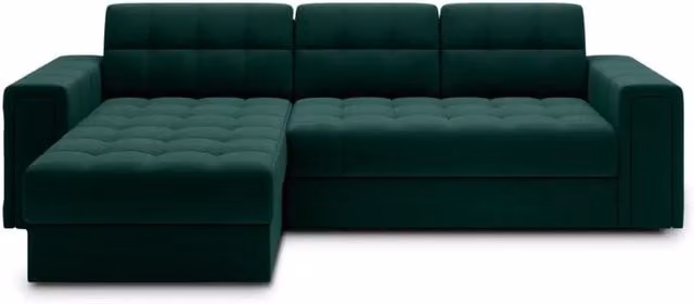 Divano angolare convertibile KAPITARA MEUBLORAMA verde con contenitore e funzione letto, modello moderno a L reversibile in tessuto