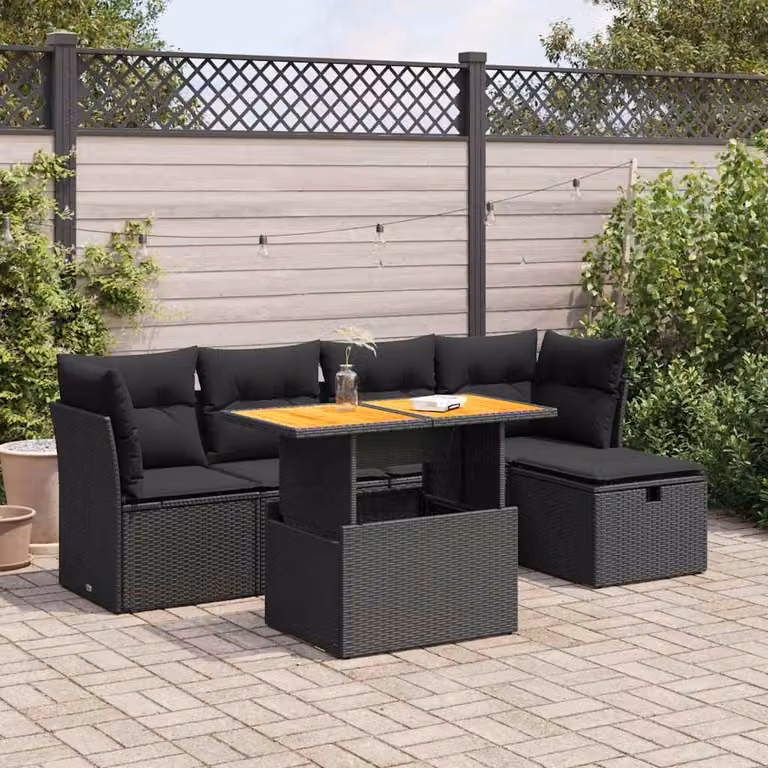 Set Divano da Giardino vidaXL 6 pz in Polyrattan con Cuscini e Tavolino, Design Moderno L-Shape, Colore Nero e Grigio