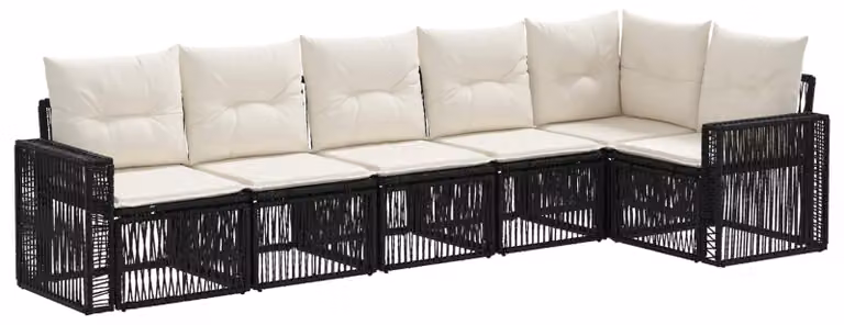 Set di divani da giardino, 6 pezzi, colore nero e crema, in rattan sintetico