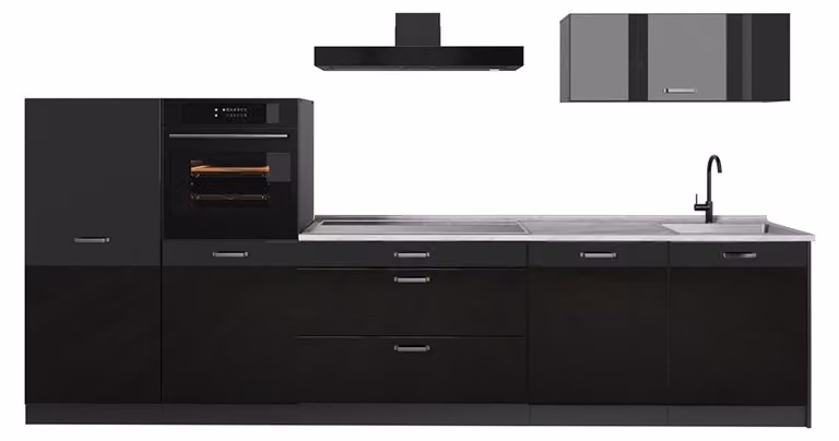 Cucina componibile Vicco R-Line Nero lucido/Antracite 340 cm piano di lavoro Marmo, Model 66519