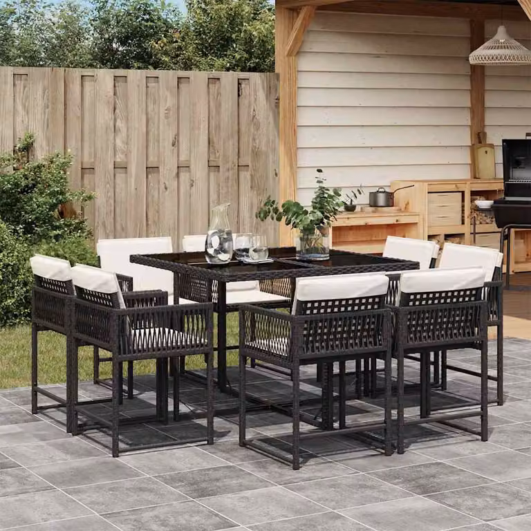 vidaXL Set da Pranzo da Giardino 9 pz in Polyrattan Nero con Cuscini e Tavolo in Vetro