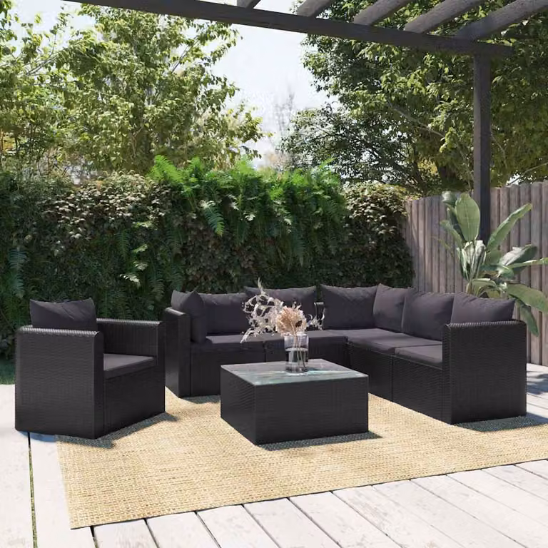 Set Divani da Giardino vidaXL 7 pz in Polyrattan Nero con Cuscini e Tavolino
