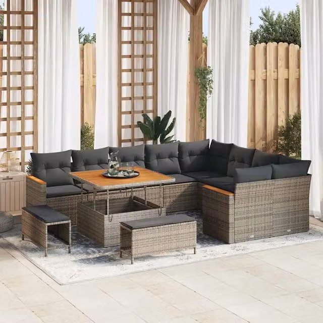 Set Divano da Giardino vidaXL a 9 Posti con Tavolino e Pouf Grigio in Acciaio e Poliestere Resistente ai Raggi UV – 1