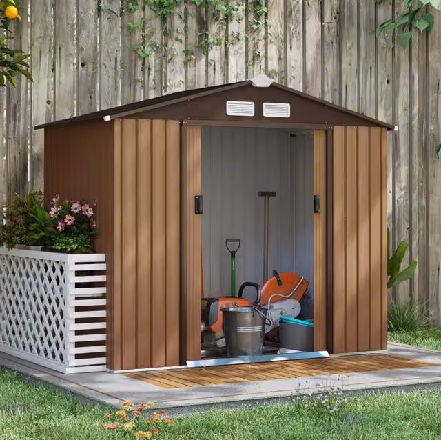 Casetta da giardino ULEVR 213x130x185 cm in acciaio marrone con 2 porte scorrevoli e aperture di ventilazione