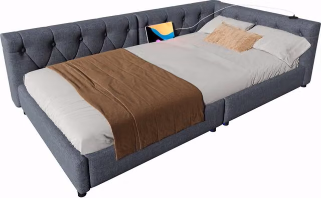 Letto Singolo a Divanetto in Lino Grigio con Porte USB e Type-C, Luci LED e Illuminazione Sotto il Letto, L/P: 90 x 200 cm