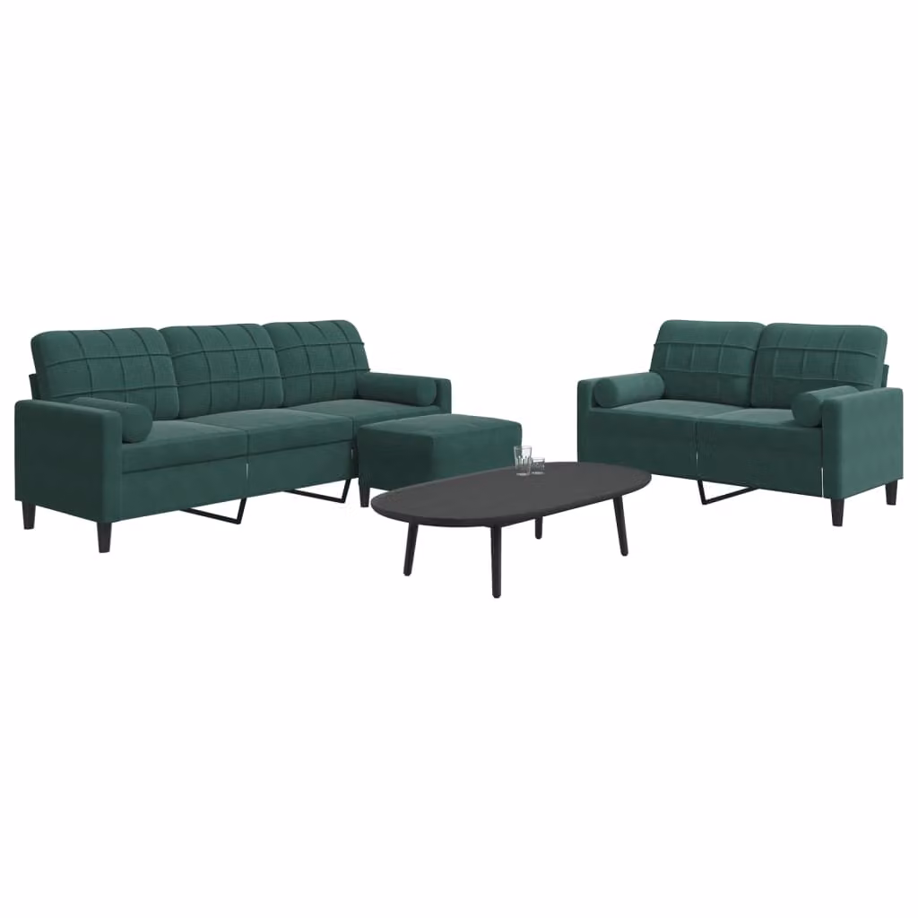 Set di divani 3 pezzi vidaXL in velluto verde con pouf e cuscini, design moderno con struttura in metallo per il tuo soggiorno – 1
