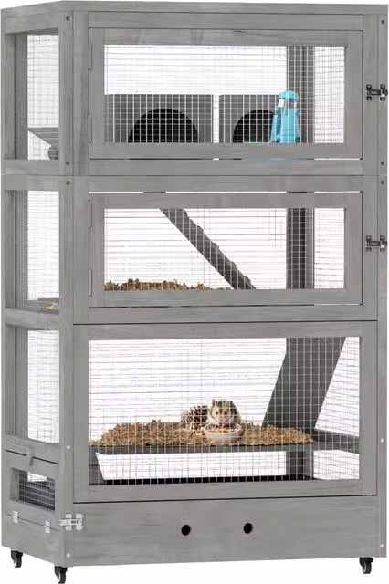 Gabbia per criceti XYLO in legno di abete a 4 piani con casette, rampe, ciotole e ruote, grigio, H 109 x L 65 x P 45 cm – 1