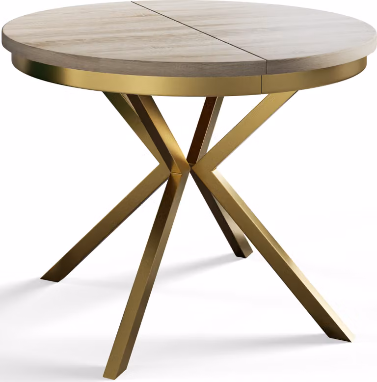 Tavolo da pranzo rotondo BERG, tavolo allungabile diametro: 90 cm/170 cm, tavolo da soggiorno colore: beige, con gambe in metallo color oro