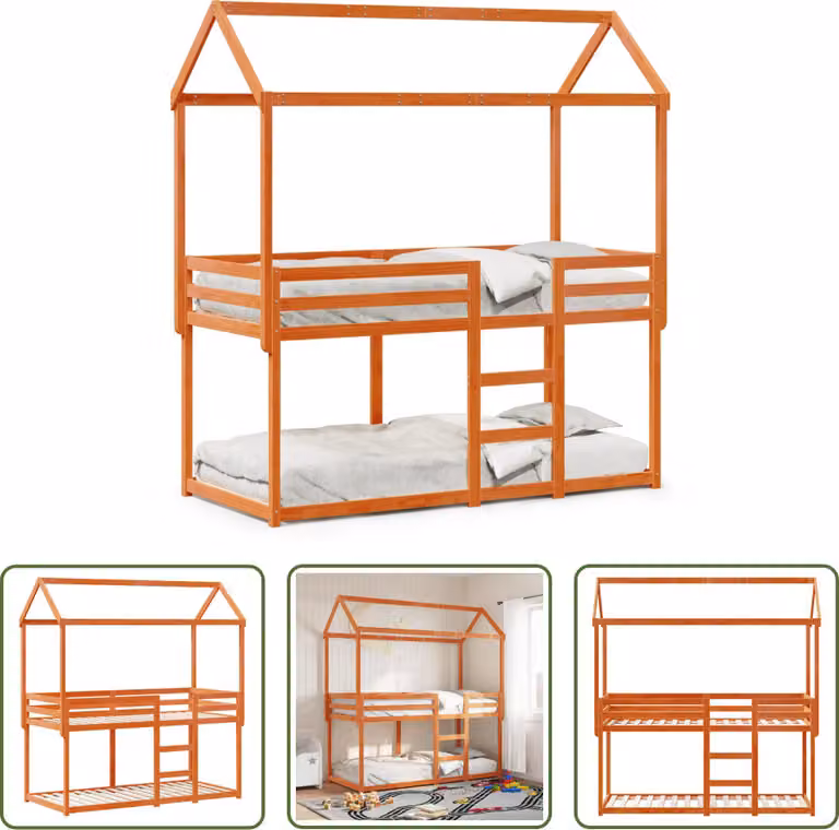 The Living Store Letto a castello con tetto marrone cera 80x200 cm in legno di pino massiccio