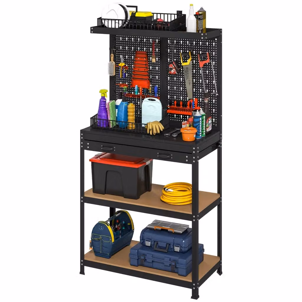 Banco da lavoro Xylo con pannello forato e cassetto, nero, L: 80 cm, P: 40,5 cm, H: 155 cm – 2