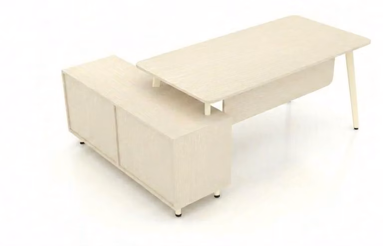 Scrivania da ufficio con pensile laterale, design moderno, effetto legno bianco