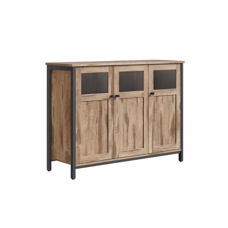 Credenza Multiuso con Ante in Vetro, Marrone Cammello + Nero Inchiostro