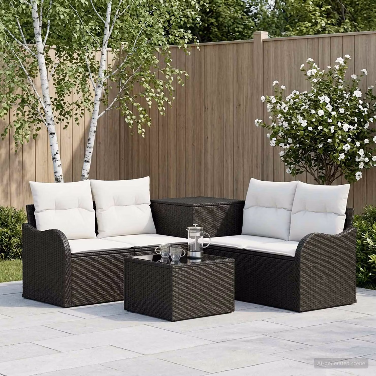 Set di divani da giardino vidaXL a forma di U composto da 6 pezzi con tavolino, colore nero e bianco crema, struttura in acciaio e cuscini inclusi
