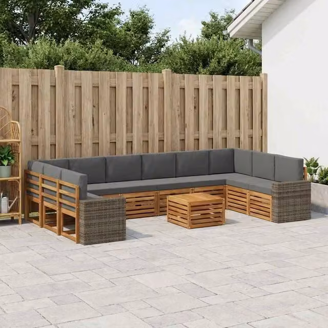 Set di divani da esterno vidaXL a forma di L composto da 11 pezzi in legno di acacia con cuscini beige e antracite e tavolino da caffè incluso