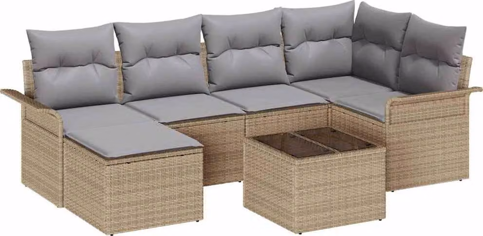 Set Divano da Giardino con cuscino 7 pcs Beige Poly Rattan