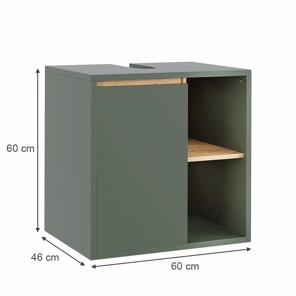 Mobiletto per lavabo Vicco moderno in legno verde e rovere con ante a battente e ripiani interni L: 60 cm, P: 60 cm, H: 46 cm – 2