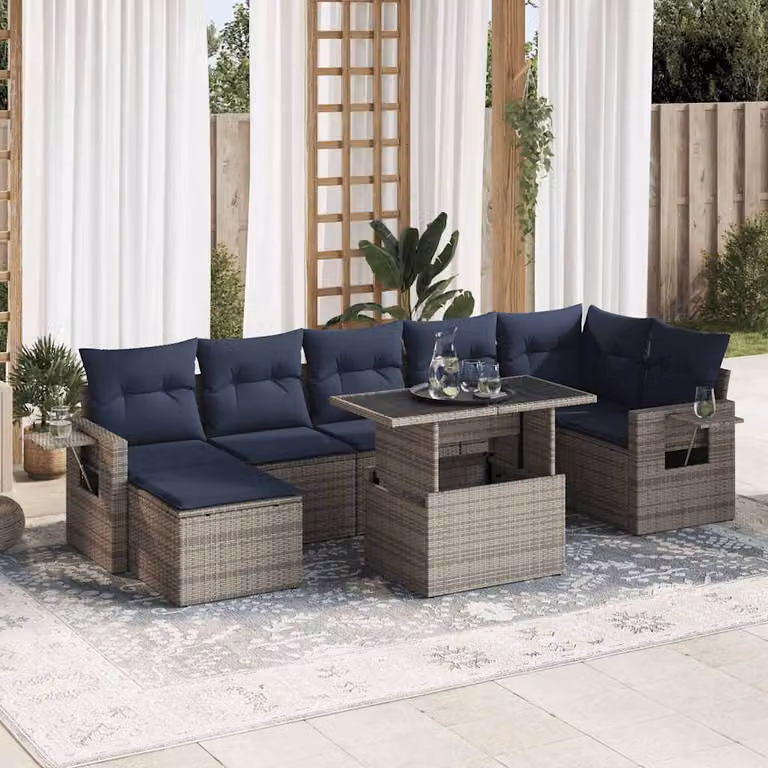 Set Divano da Giardino 8pz vidaXL in Polyrattan e Legno di Acacia con Cuscini Grigio e Blu